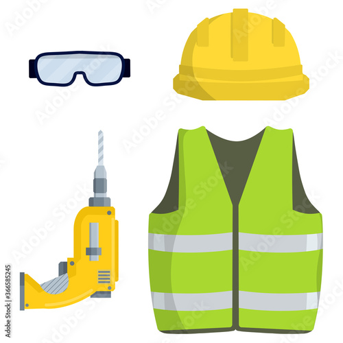 Clothing and tools the worker and Builder. Drill, goggles, green vest and helmet. industrial safety. Kit items and objects. Type of profession. Cartoon flat illustration