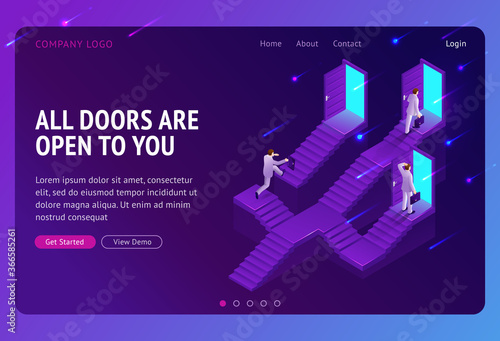 Choice, career ladder isometric landing page. Business opportunity, way to success. Businessman choose doors on stairs, decision, solution for job or life path. Monty hall problem 3d vector web banner
