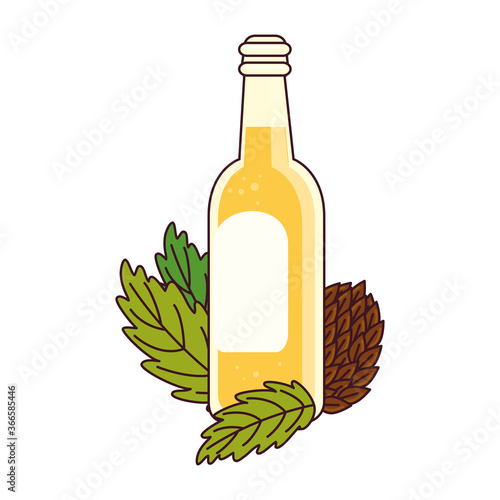 bottle of beer with hop seeds on white background