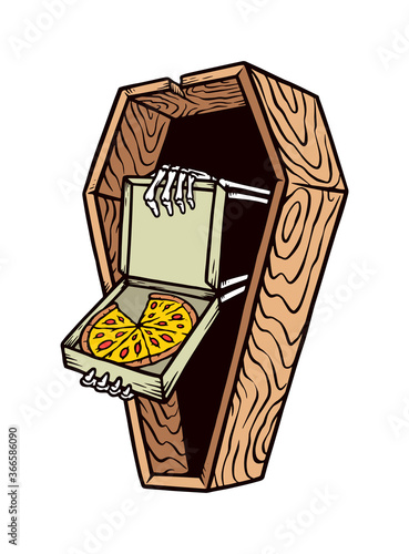 the corpse holding the pizza out of the coffin vector illustration