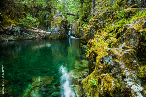 A trail bridge over Opal Creek in the Opal Creek Wilderness. It is a wilderness area located in the Willamette National Forest in Oregon.