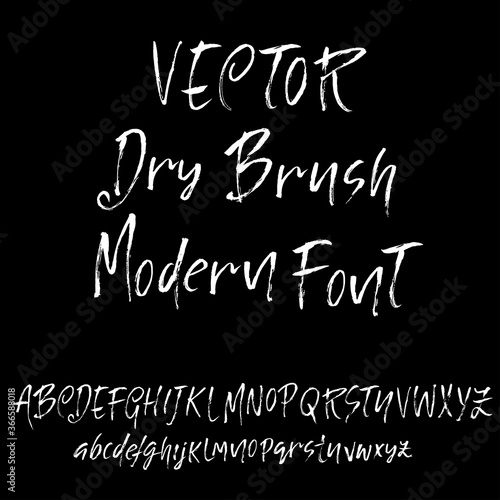 Hand drawn font made by dry brush strokes. Grunge style alphabet. Handwritten font. Vector illustration.