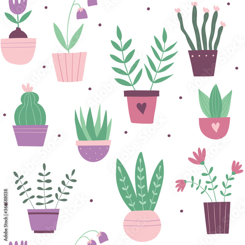 Seamless pattern with home plants, cactus, succulent. Vector flat illustration. Botany illustrations of gardening. Can be used as clothing design, textiles, bed linen, stationery, packaging paper.