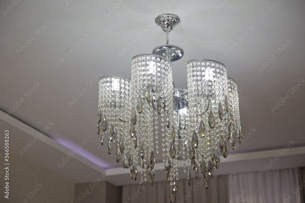 Huge crystal chandelier in the hall . White lamp in the large meeting room .
