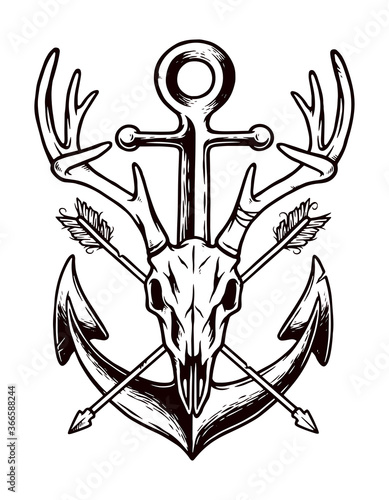 deer skull and old anchor vector illustration