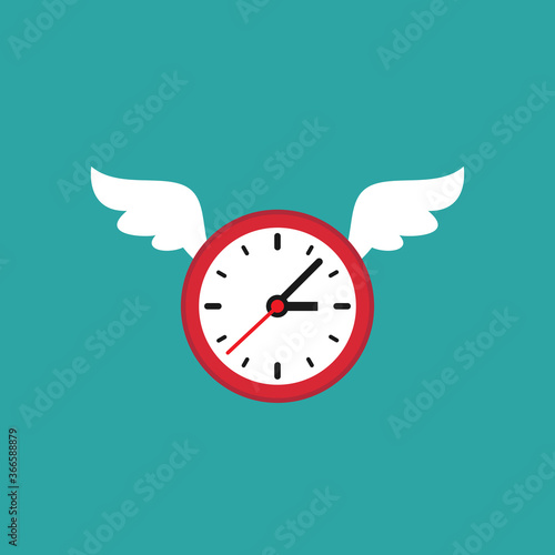 red and white clock with wings. Flat icon isolated on powder blue.