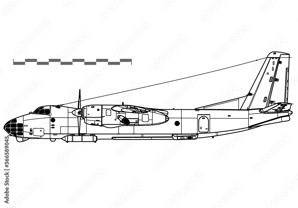 Antonov An30 Clank. Vector drawing of tactical reconnaissance and