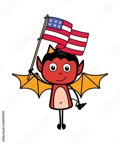 Cartoon Devil holding Flag of USA