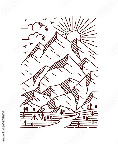 Mountain view line illustration. hand drawn