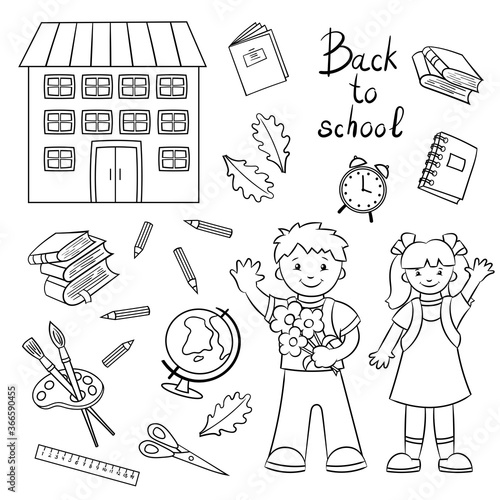 Coloring page. Schoolboy and schoolgirl, boy and girl and school supplies.