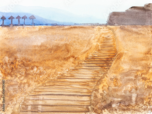 wooden footpath on sand beach in Algarve region of Portugal on summer day hand painted by watercolour paints on white textured paper