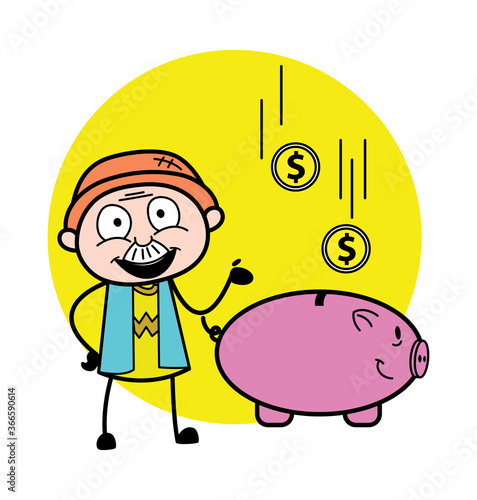 Cartoon Grandpa saving money in piggy bank