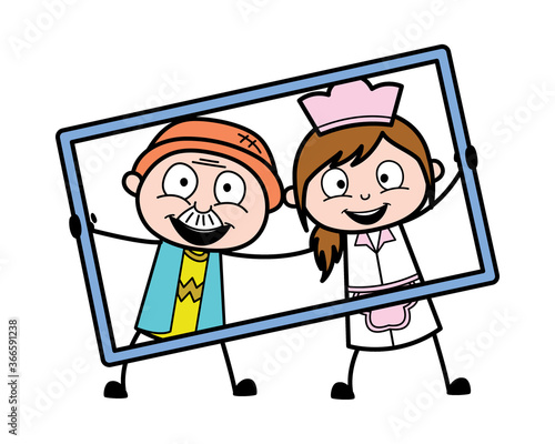 Cartoon Grandpa in frame with waitress