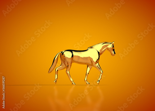 Golden horse galloping  in orange studio
