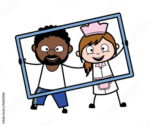 Cartoon African American Man in frame with waitress