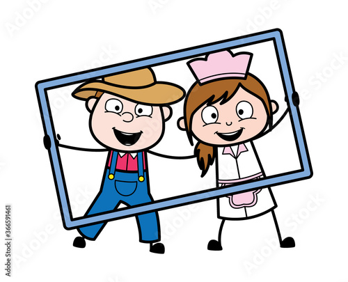 Cartoon Farmer in frame with waitress