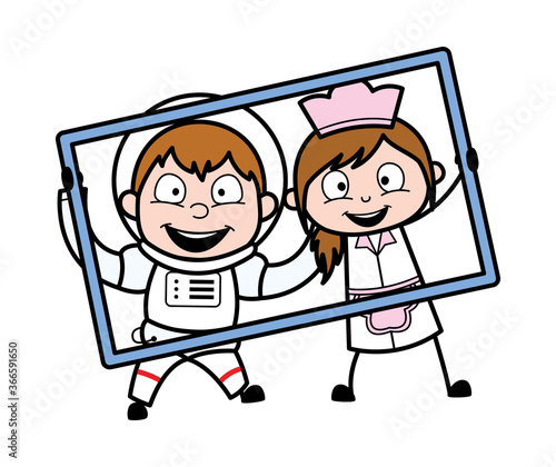Cartoon Astronaut in frame with waitress