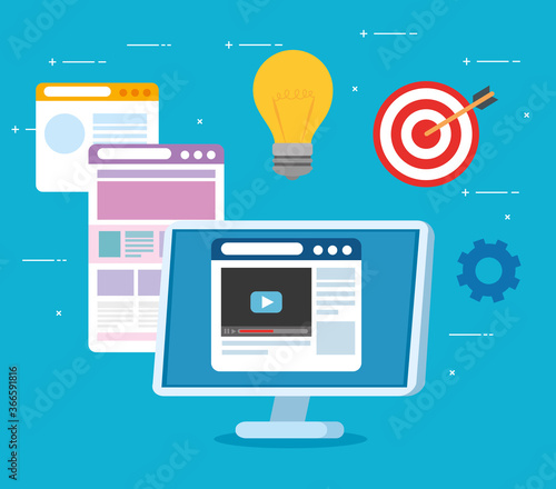 business start up concept, banner, business object startup process, computer with web page and business icons