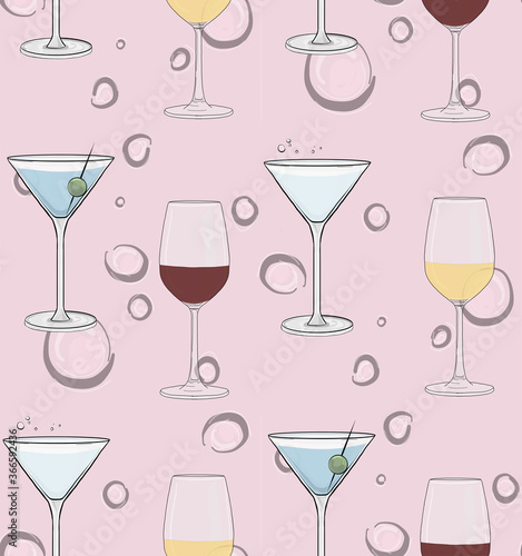 Cute seamless vector pattern. Cocktail and wine glasses on a pink background with bubbles floating up behind.