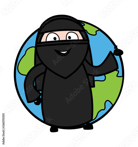 Cartoon Muslim Woman with planet earth
