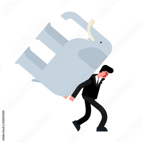 Man carries elephant. Hard life concept. Tired of paying off debt.