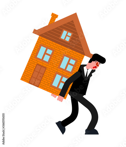 Man carry house. home loan repayments. Tired of paying off debt. Hard life concept.