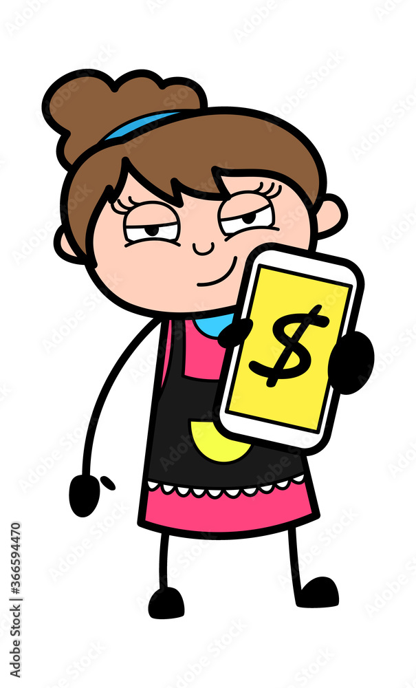 Cartoon Beautician Showing Money in Cell Phone Cartoon Beautician Showing Money in Cell Phone