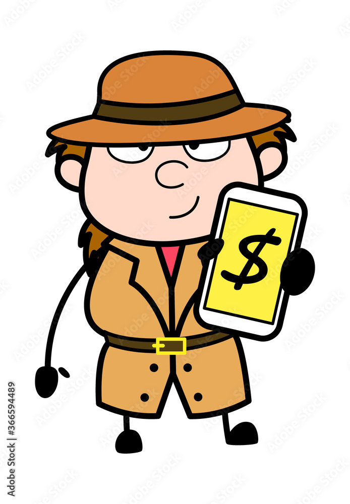 Cartoon Investigator Showing Money in Cell Phone Cartoon Investigator Showing Money in Cell Phone