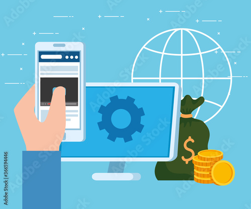 business start up concept, banner, business object startup process, computer, smartphone and bag with coins