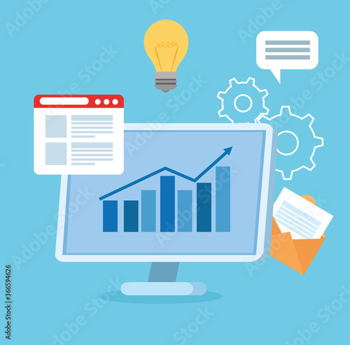 business start up concept, banner, business object startup process, computer with web page and business icons