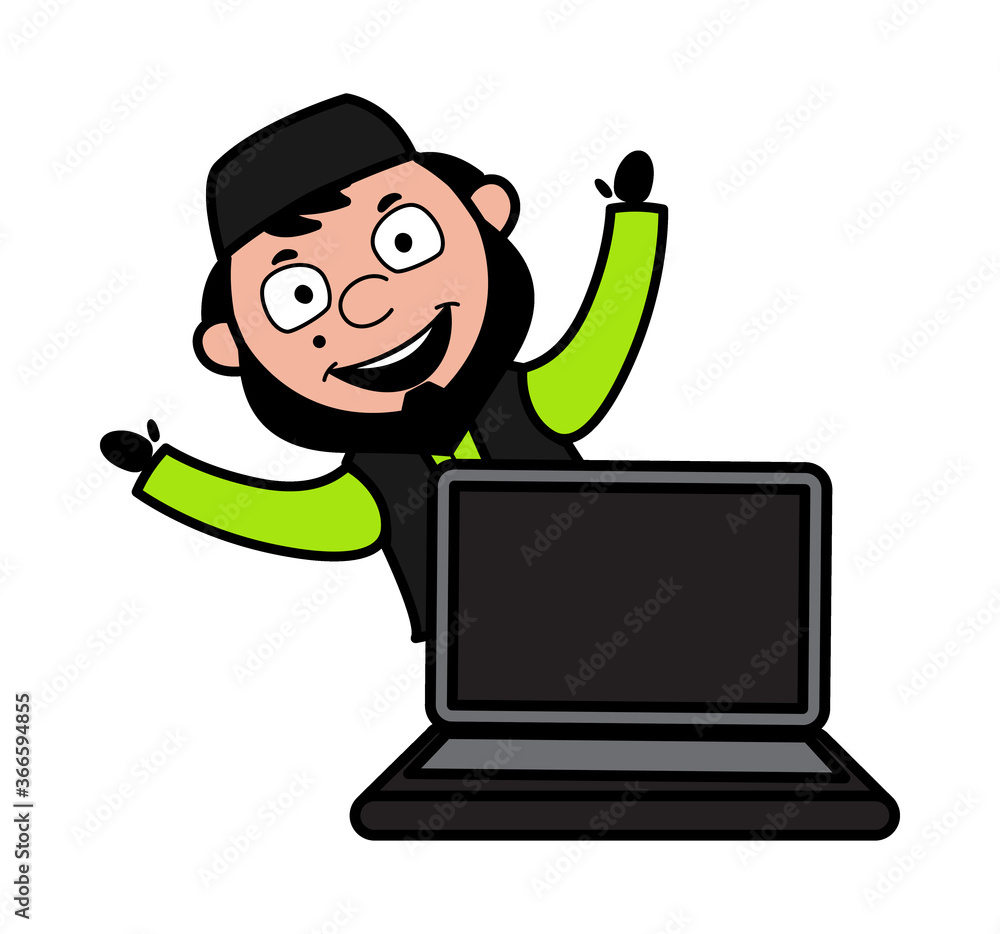 Cartoon Muslim Man with Laptop