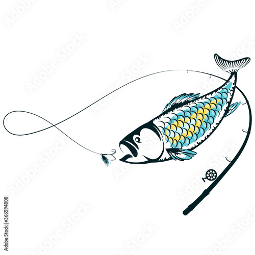 Fish jumping for bait on a fishing rod silhouette