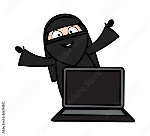 Cartoon Muslim Woman with Laptop