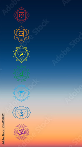 Vector vertical aerial panoramic view of sunrise over ocean with chakras icon set: muladhara, swadhisthana, manipura, anahata, vishuddha, ajna, sahasrara. Illustration of meditation and relaxation.