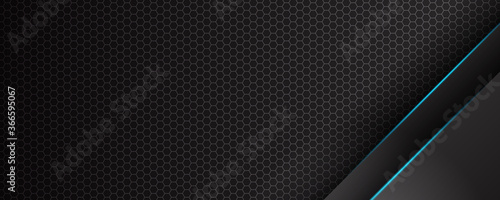 Hexagonal abstract metal background with blue light for wide banner