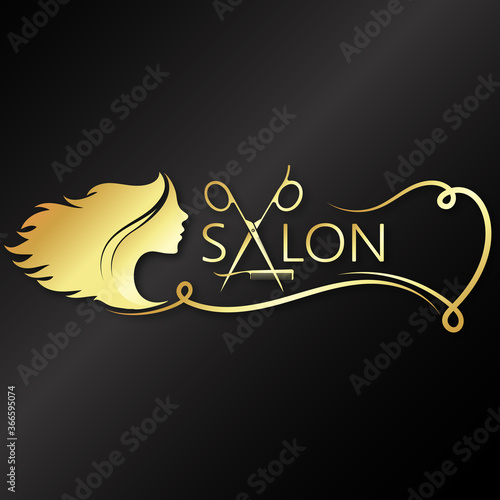 Silhouette of a girl gold scissors and comb for beauty salon