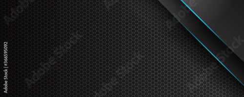 Hexagonal abstract metal background with blue light for wide banner