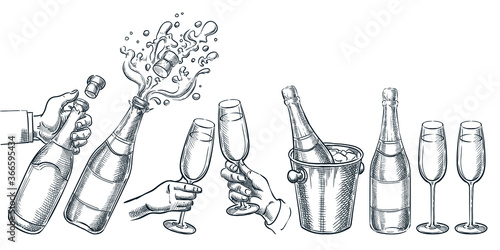 Champagne vector hand drawn sketch illustration. Human hand holding explosion champagne bottle and drinking glass