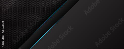 Abstract black metal background with blue light for wide banner