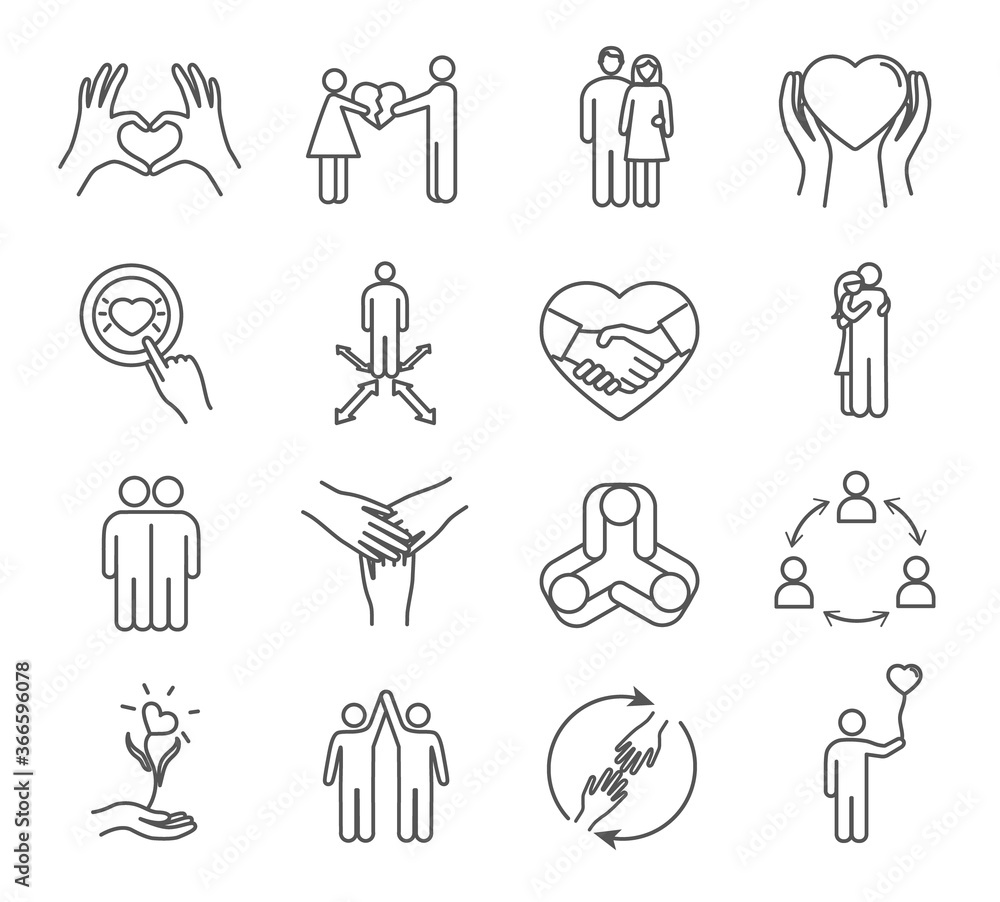 Set of friendship and love black and white line icons. Trust, handshake, social responsibility linear style icons. Vector illustration. Set of friendship and love black and white line icons. Trust, handshake, social responsibility linear style icons. Vector illustration.
