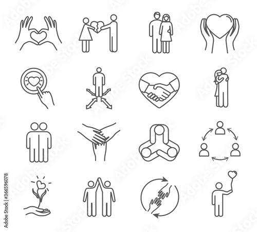 Set of friendship and love black and white line icons. Trust, handshake, social responsibility linear style icons. Vector illustration.