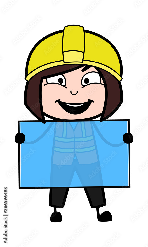 Cartoon Lady Engineer holding a glass banner Cartoon Lady Engineer holding a glass banner