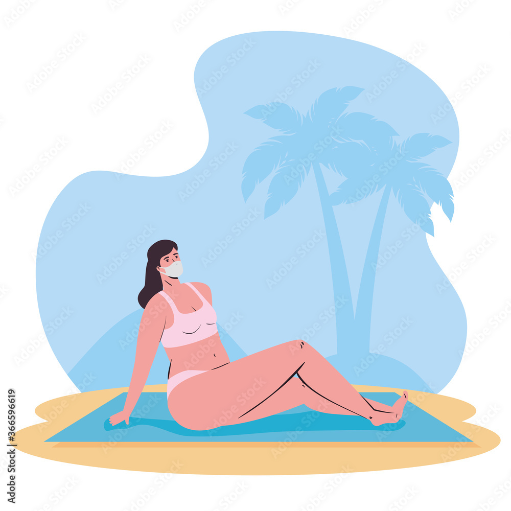 Φωτογραφία woman with swimsuit wearing medical mask in the beach, tourism with coronavirus,