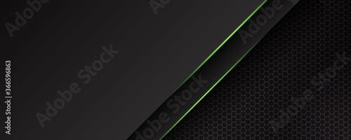 Abstract 3D black technology background overlap layers on dark space with green light effect decoration. Modern graphic design template elements for poster, flyer, brochure, or banner