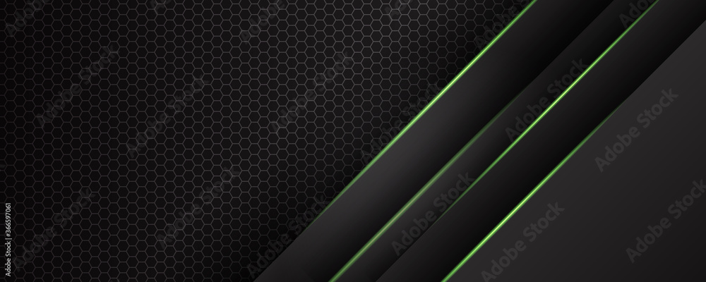 Abstract 3D black technology background overlap layers on dark space with green light effect decoration. Modern graphic design template elements for poster, flyer, brochure, or banner Abstract 3D black technology background overlap layers on dark space with green light effect decoration. Modern graphic design template elements for poster, flyer, brochure, or banner