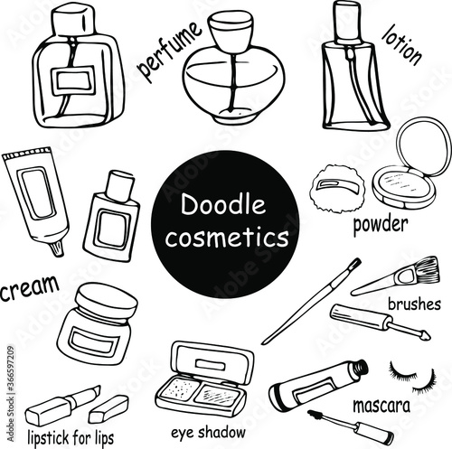 a set of cosmetics contour drawing by hand eyeliner mascara powder lipstick perfume doodles