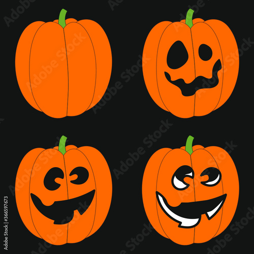 Set of pumpkins with scary faces on a black background
