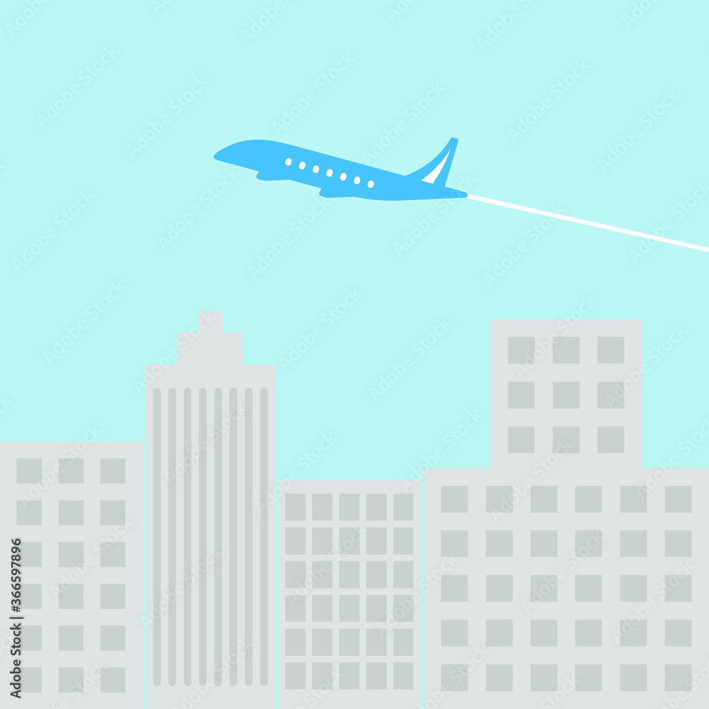 City and take-off plane in the sky
