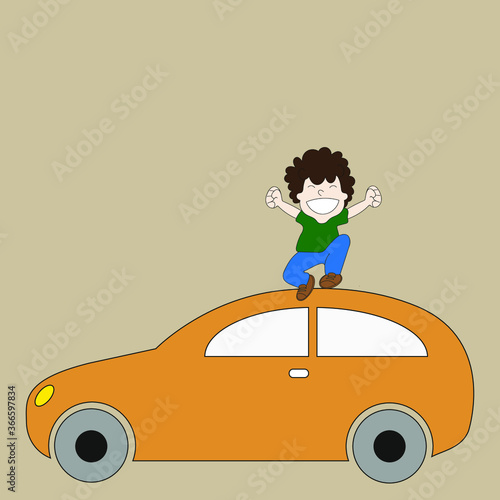 Cheerful boy jumping by car
