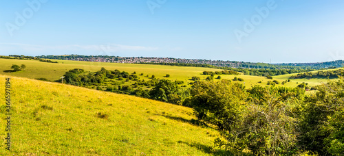 A view across the South Downs from the Chattri monument to Indian war dead towards Brighton, Sussex, UK in summer